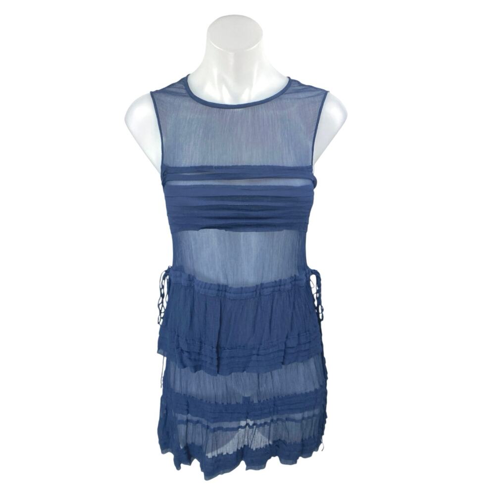 Club Monaco Blue Sleeveless Sheer Mesh Ruffle Tiered Mini Tank Dress Size 00